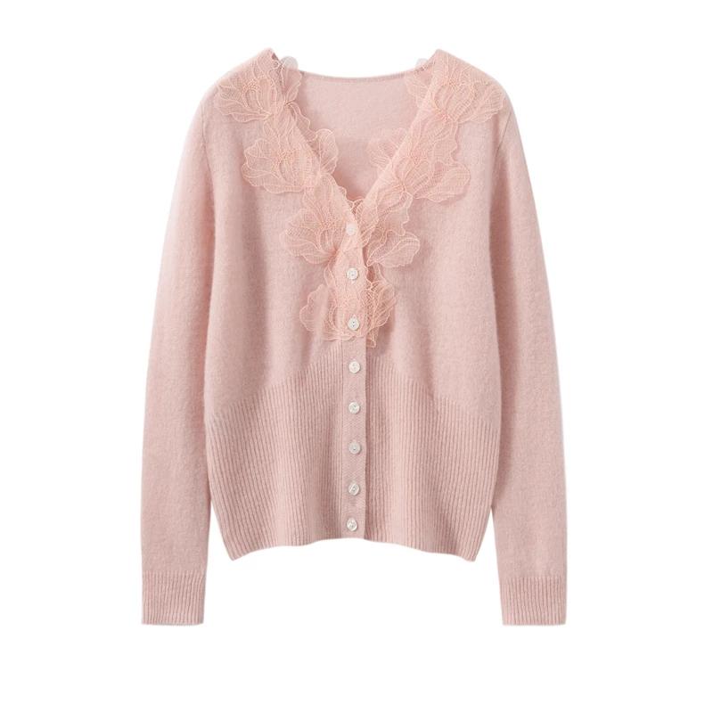 Cardigans de luxe en cachemire pour femmes, col en v, hauts en tricot, décontracté, motif feuilles,