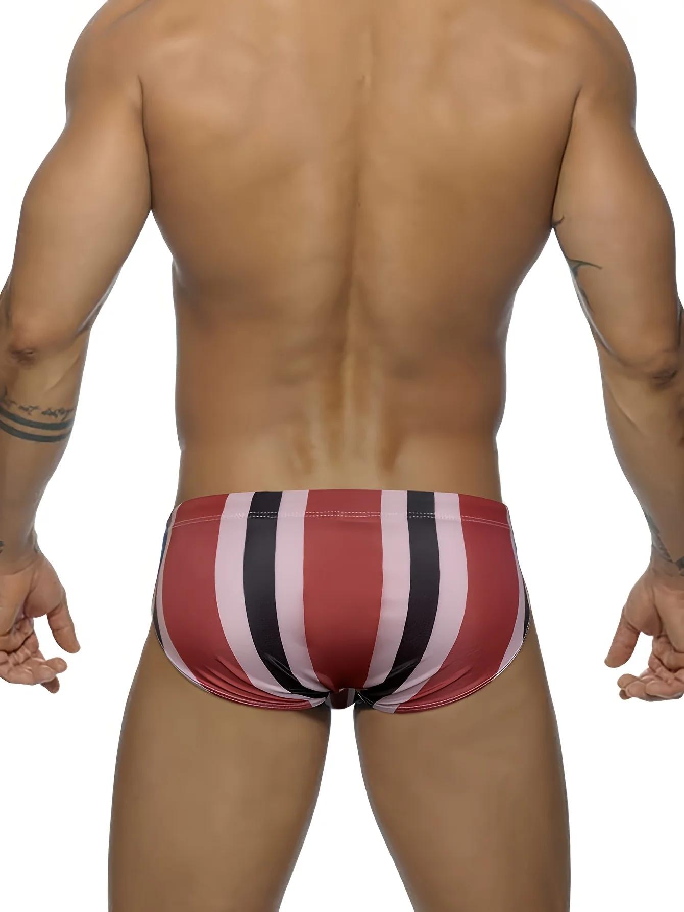 Maillot de bain triangle rayé contrasté à séchage rapide pour hommes, maillot de bain très extensibl