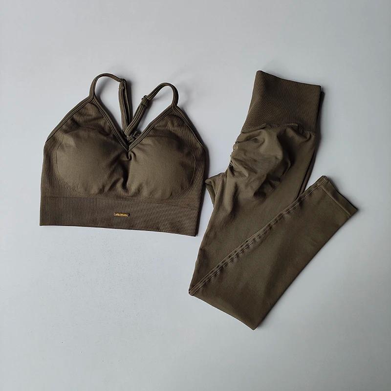 Ensemble de Fitness sans couture pour femmes, soutien-gorge, col en v, Leggings, Yoga, exercice à sé