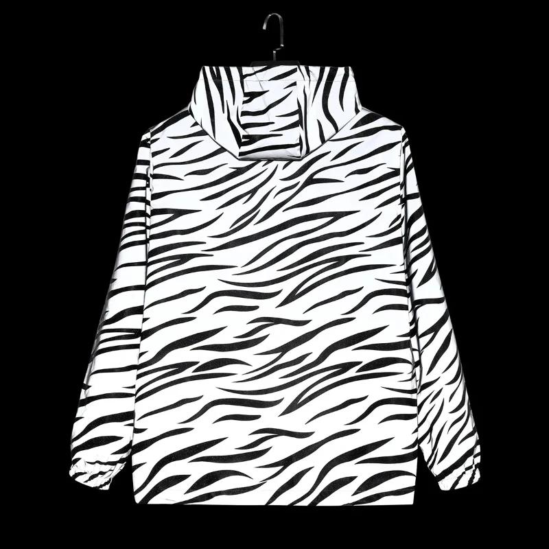 Vestes réfléchissantes imprimées zèbre pour hommes, Hip Hop, à capuche, mode, coupe-vent, lumineux,
