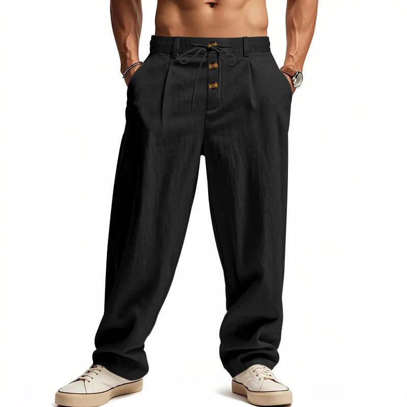 Pantalon large en lin mélangé pour homme, style bohème, taille haute, cordon de serrage, fermeture b