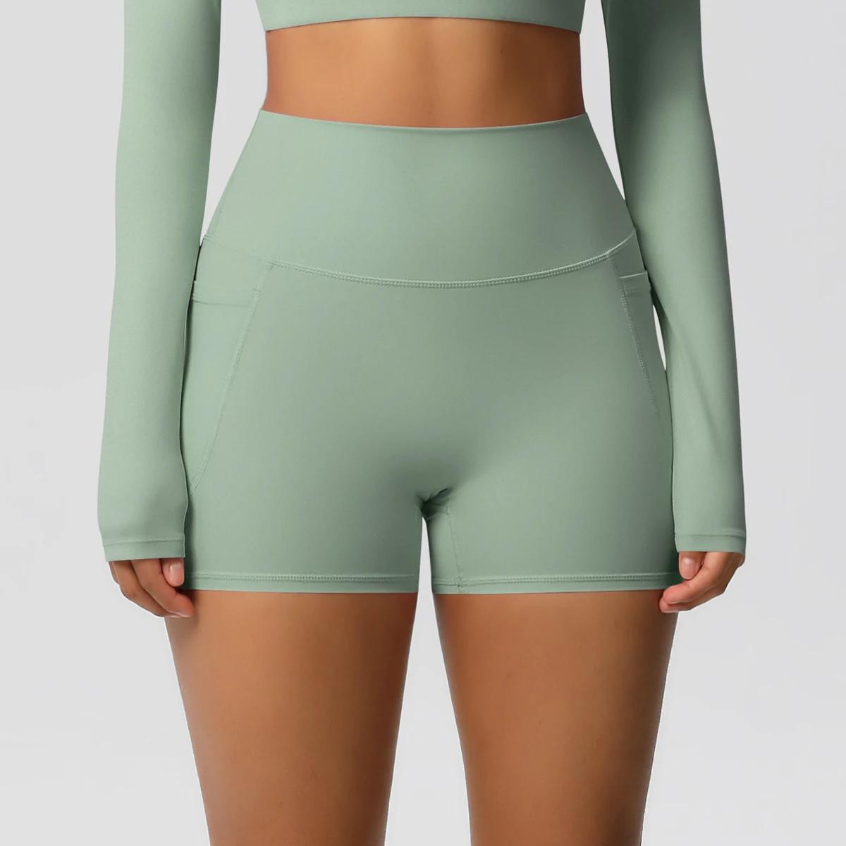 Short de Yoga femme en Nylon couleur unie - Avec poches pour cyclisme, course à pied et Pilates