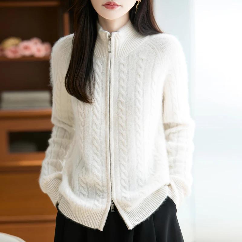 Cardigan 100% laine mérinos avec fermeture éclair pour femme, pull à câble épais, tricot chaud, vête