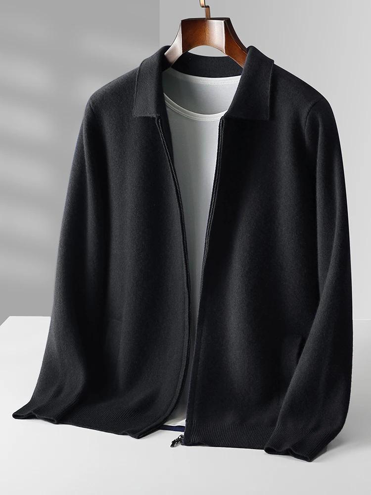 Pull à col rabattu en laine mérinos pour hommes avec fermeture éclair, manteau cardigan, tricots en