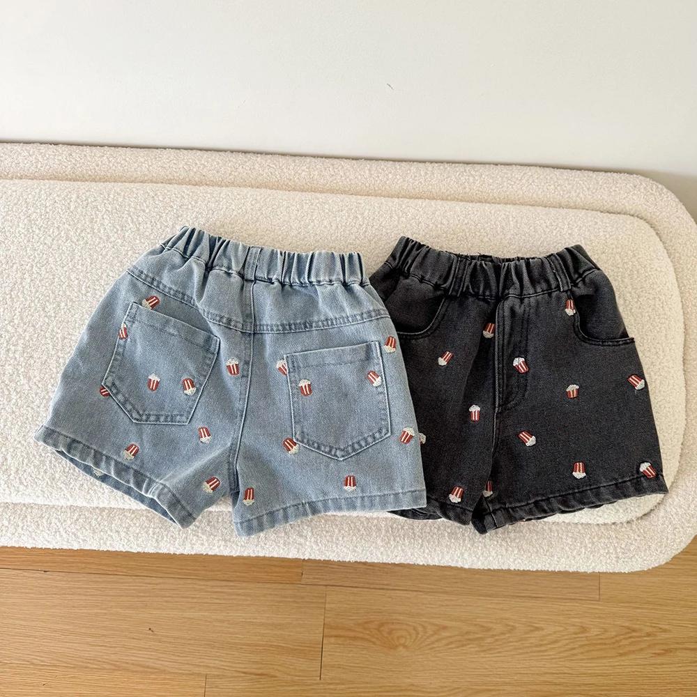 Shorts en jean d'été 2026 pour enfants (80-150 cm) – Broderie Popcorn, taille élastique, décontracté