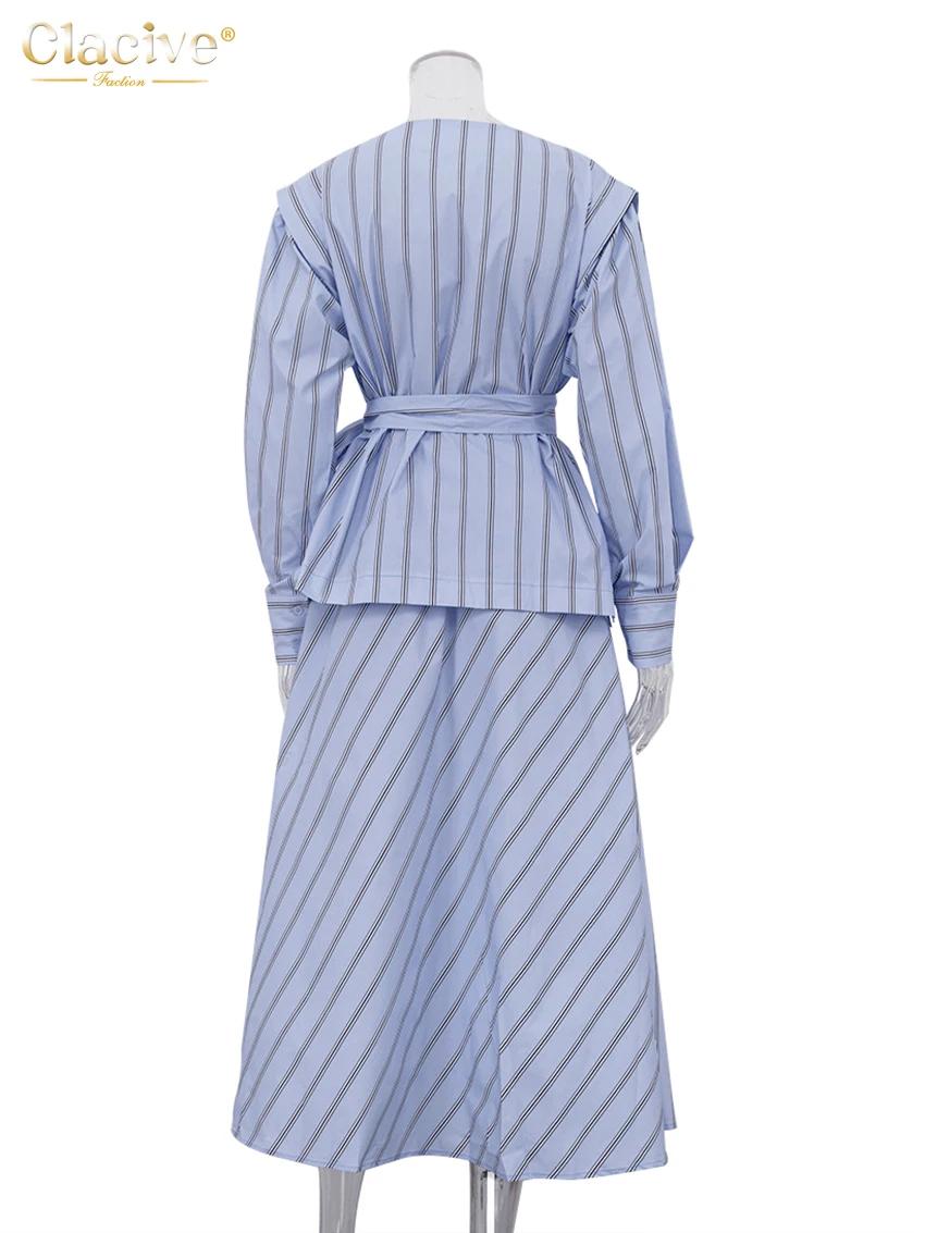 ClacMarkets-Ensemble 2 pièces imprimé à rayures pour femmes, chemise élégante à manches longues, jup