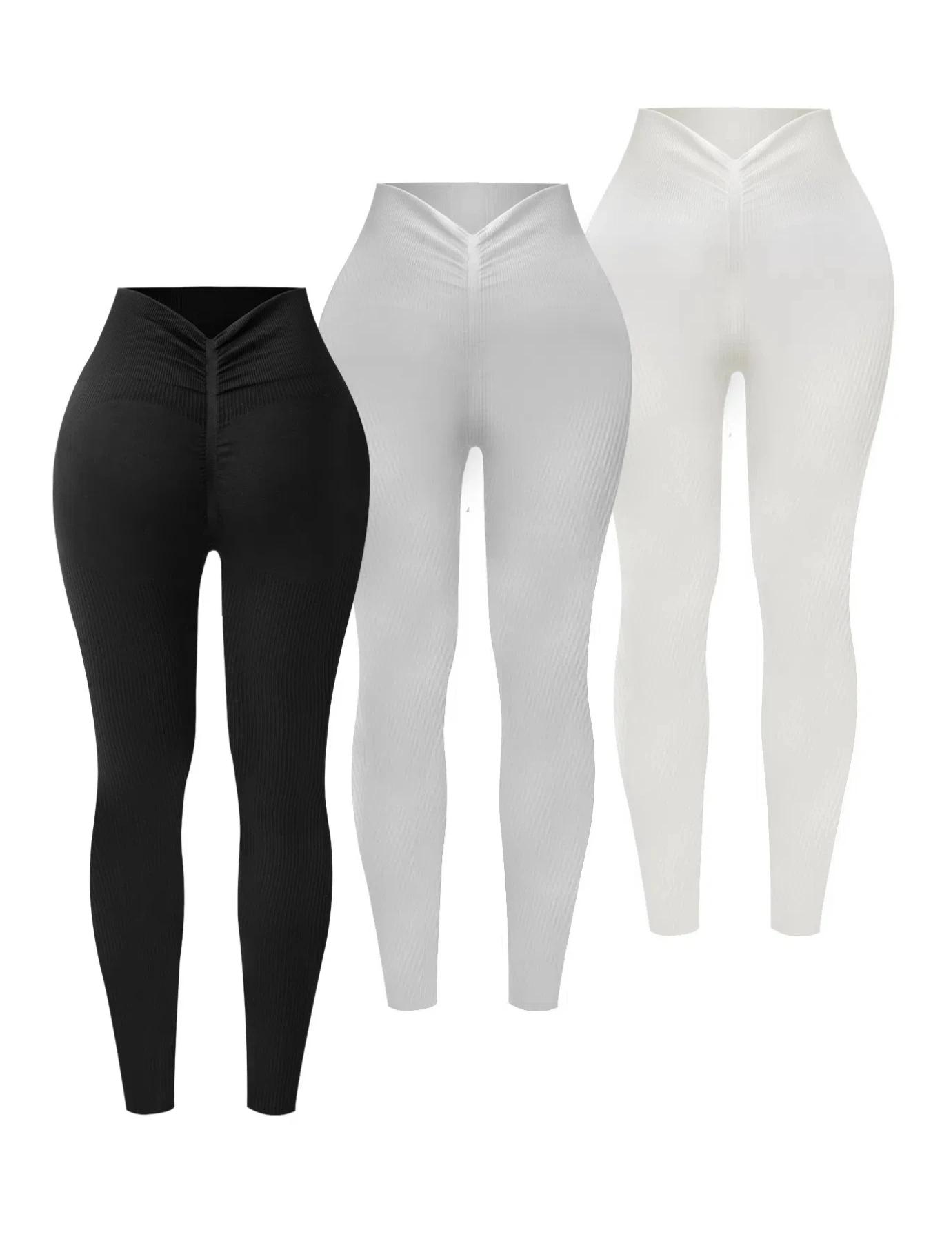 Pantalon de Yoga sans couture, couleur unie, dos en V, taille haute, tricoté côtelé, haute élasticit