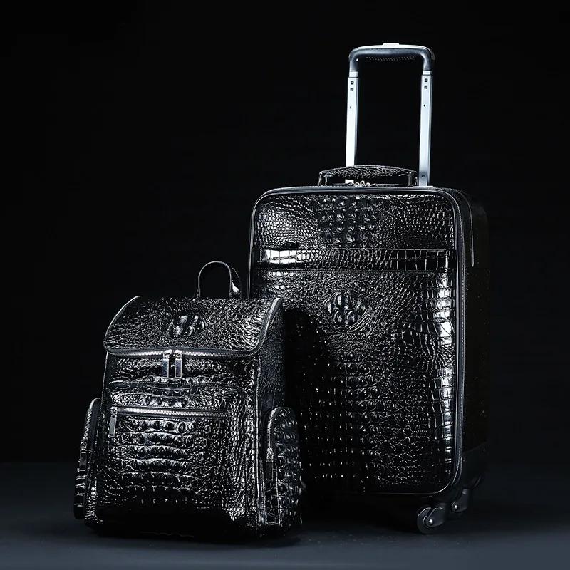 Valise de voyage en cuir véritable à motif crocodile pour homme, valise à roulettes, étui d'embarque