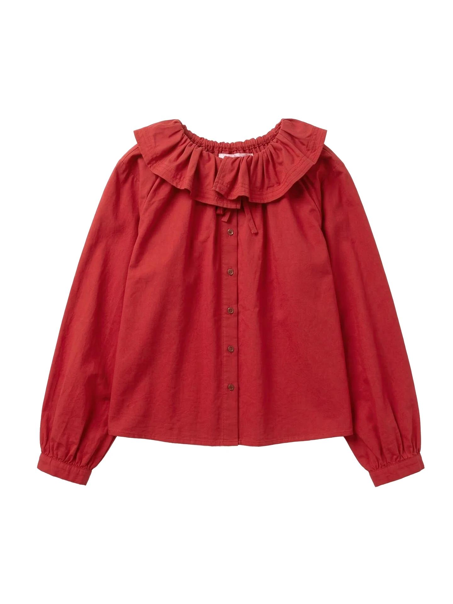 imakokoni 2026 Printemps Chemise en coton décontractée ample pour femme, col feuille de lotus, rouge