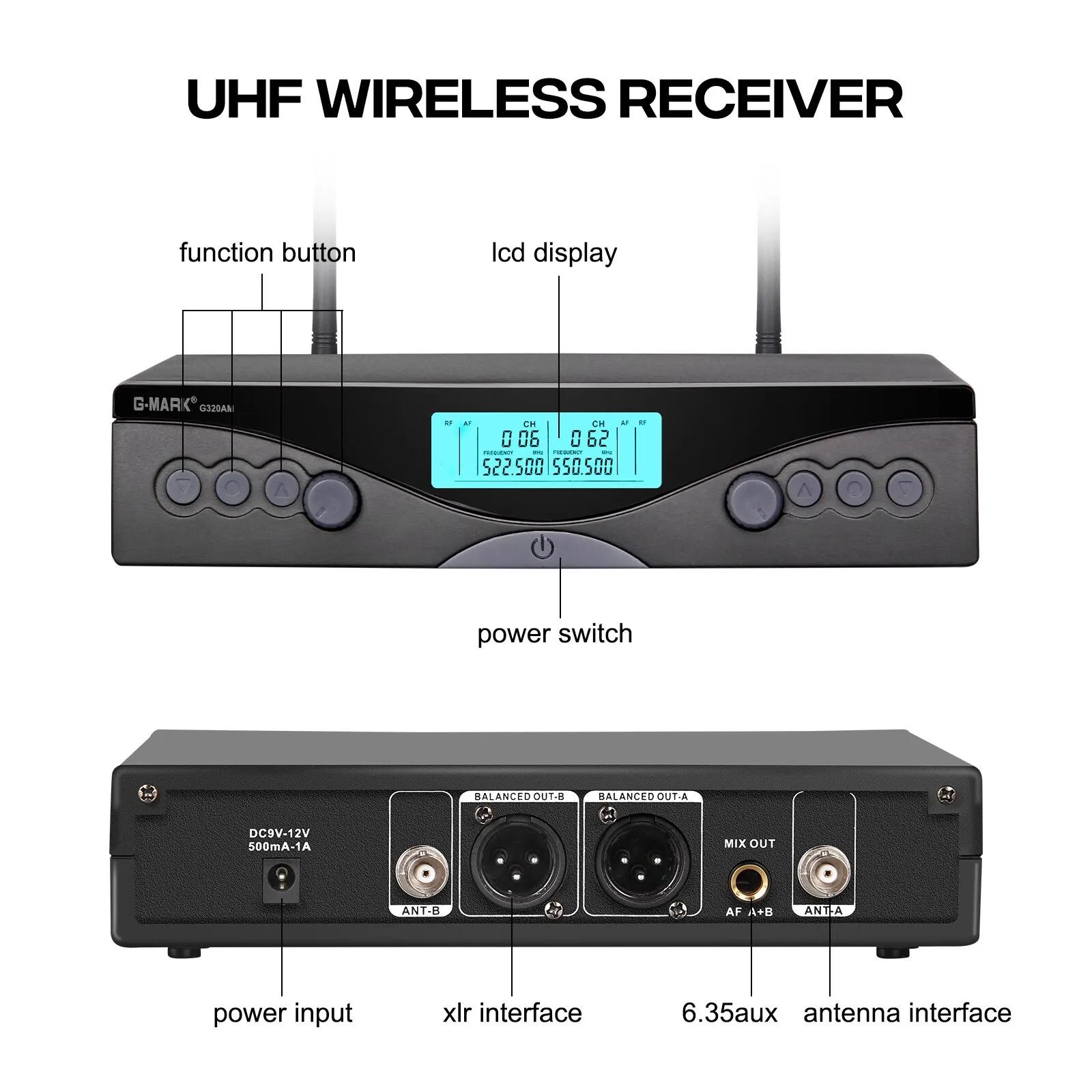 Sans fil Microphone G-MARK G320AM Professionnel UHF 2 Canaux Karaoké Mic De Poche Automatique Fréque