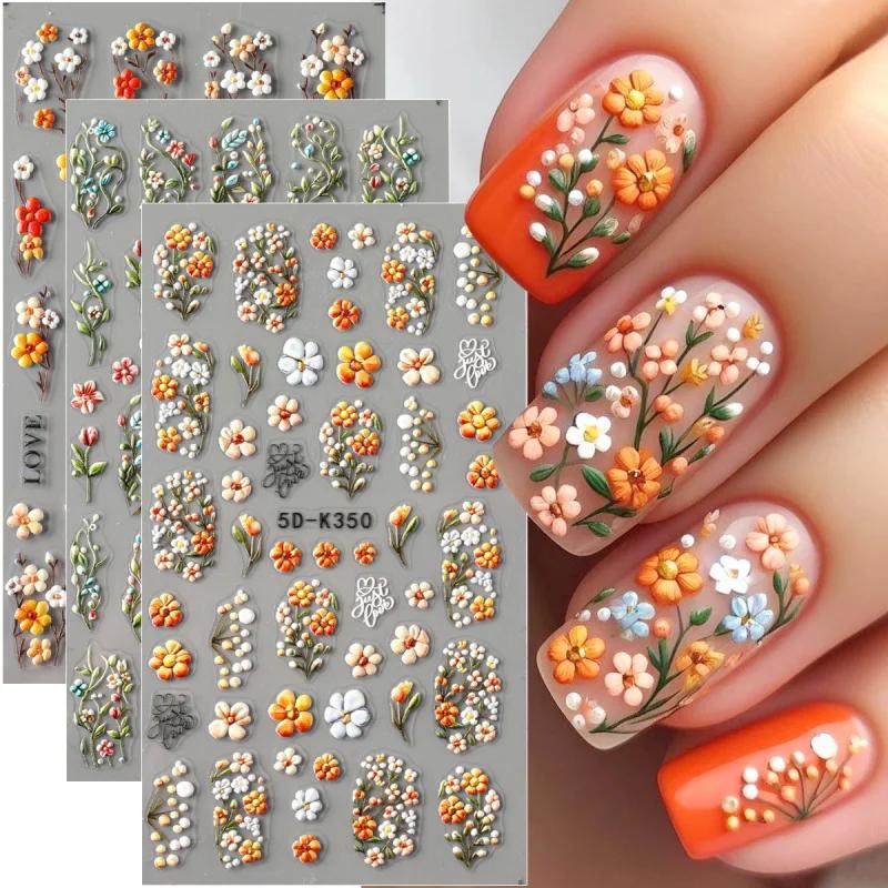 Autocollants pour ongles en relief marguerite 5D, motifs floraux frais de printemps, décalcomanies a