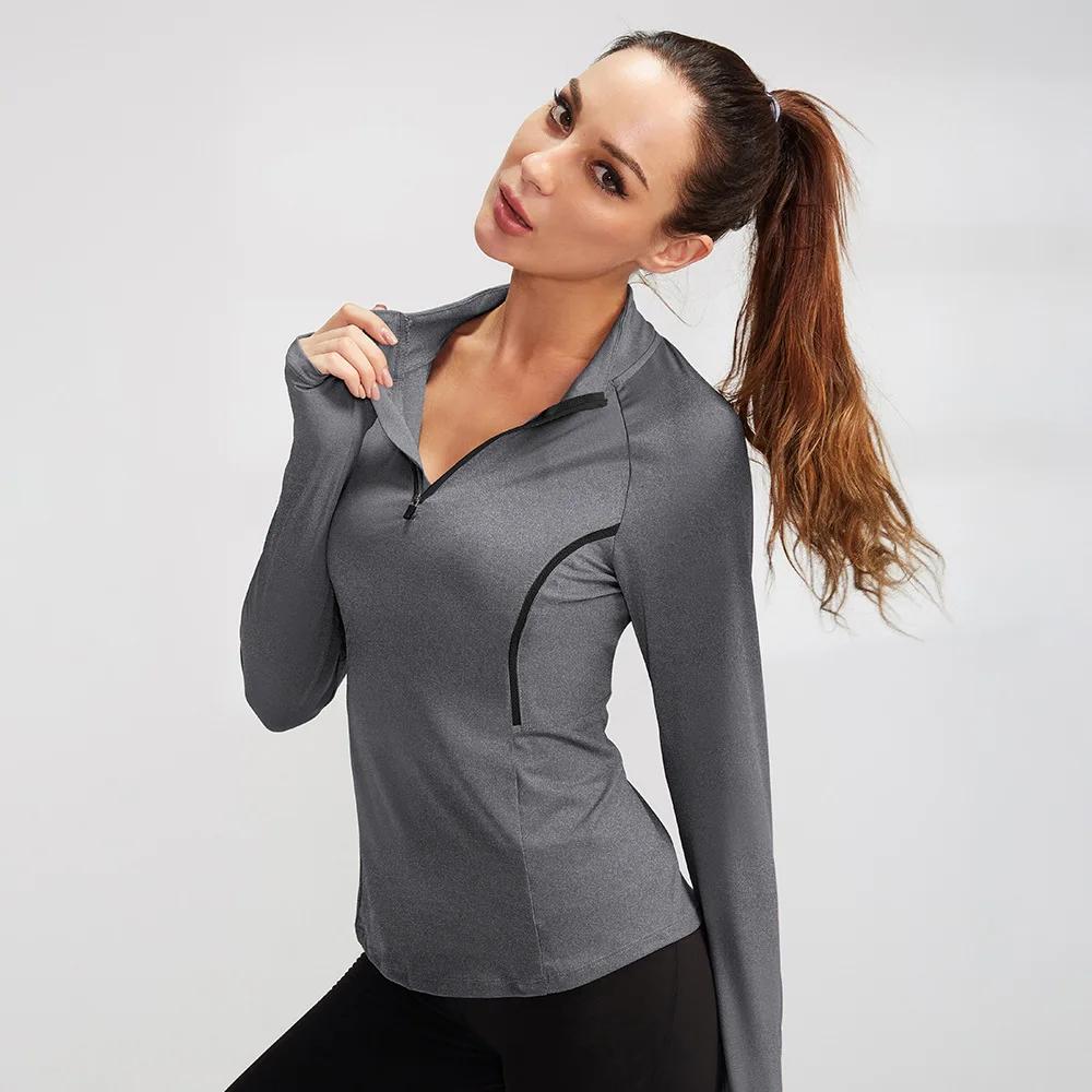 Femmes automne à manches longues Sport hauts de course col debout chemises d'entraînement de gymnast