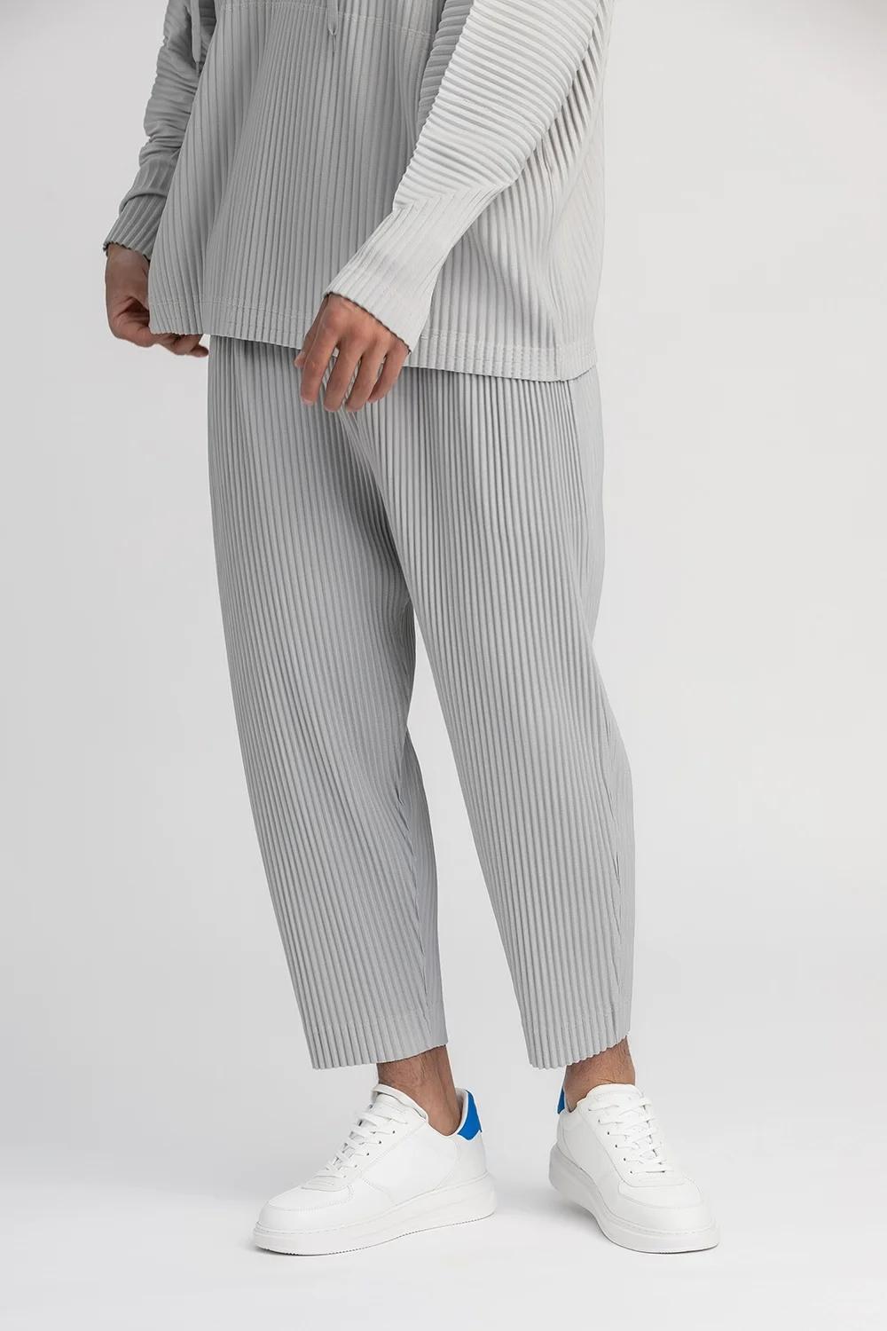 Miyake plissé pantalon droit hommes vêtements noir crayon pantacourt vêtements de rue hommes Style j
