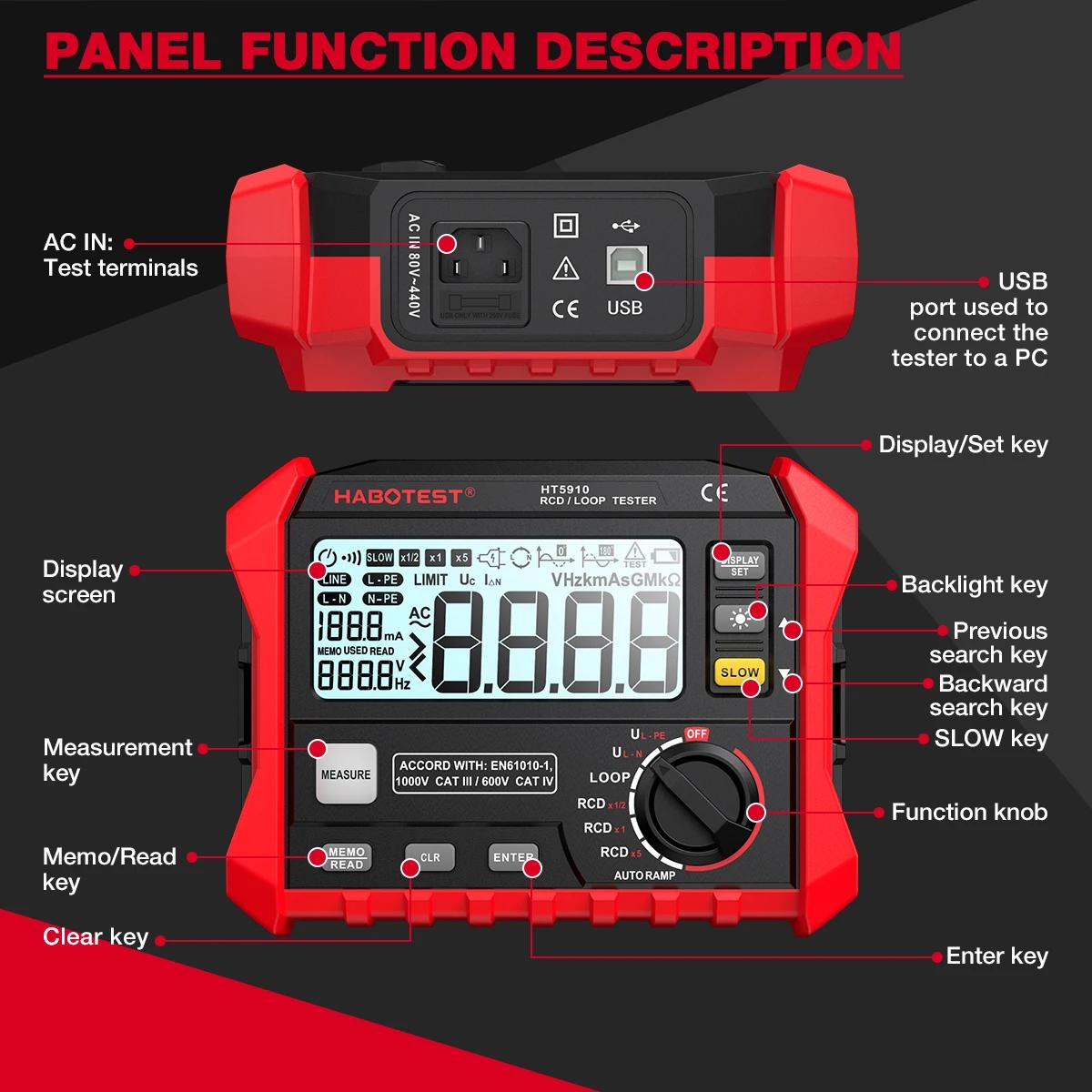 HABOTEST HT5910 testeur de commutateur de fuite LCD compteur de résistance numérique RCD/test de bou