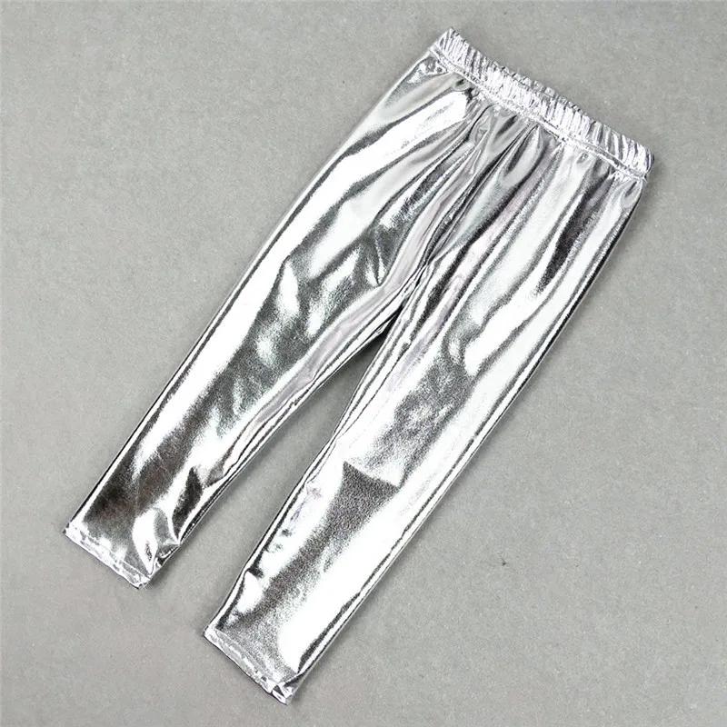 Legging élastique en similicuir pour fille, pantalon crayon skinny, couleur or et argent, collection