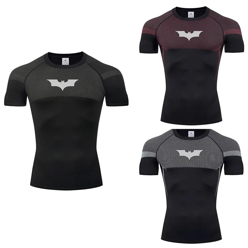 T-shirts de compression à motif chauve-souris pour hommes, manches courtes, anti-UV, pour la gym, l'