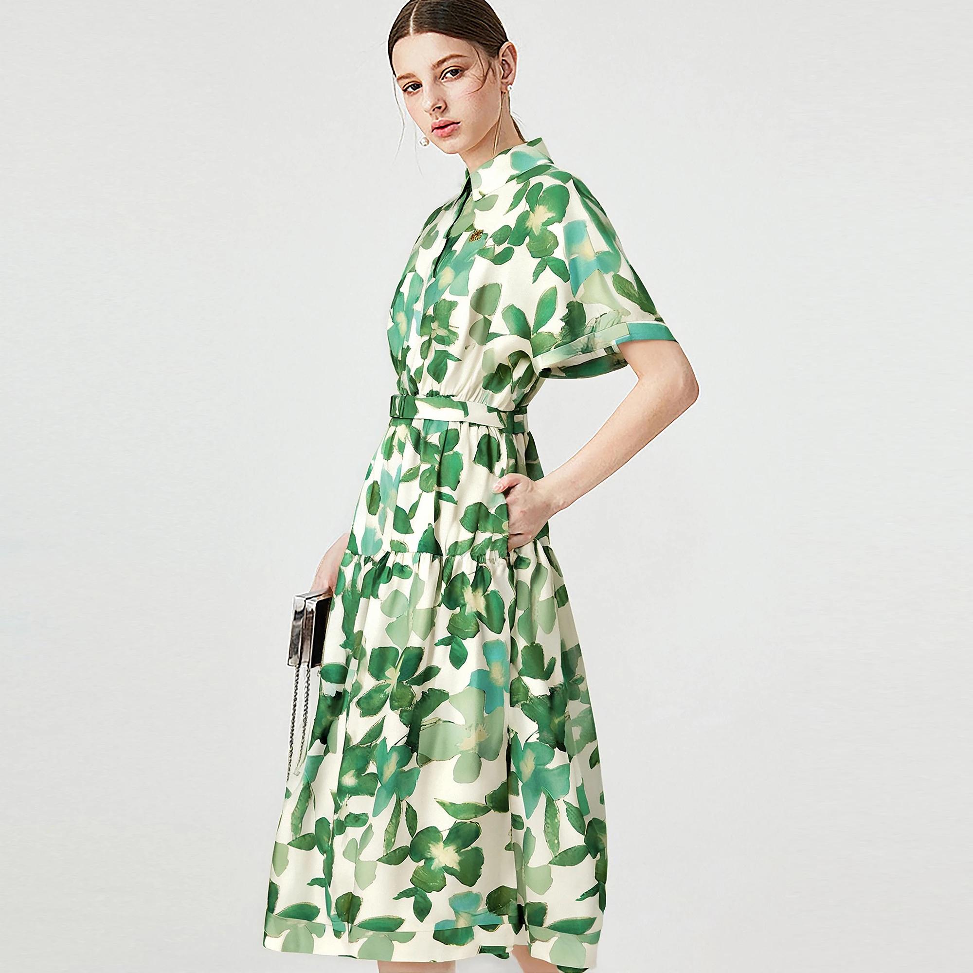 CHCH robe femme nouvelle robe longue femme imprimé fleur verte avec ceinture