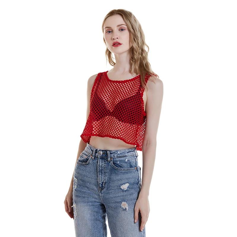 Haut court ajouré noir/rouge, T-shirt en maille pour femme, ample, à la mode, Tops basiques d'été, c