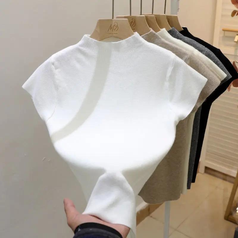 Pull à col roulé pour femme, basique, couleur unie, fin, tricoté, Slim, manches courtes, moulant, ét