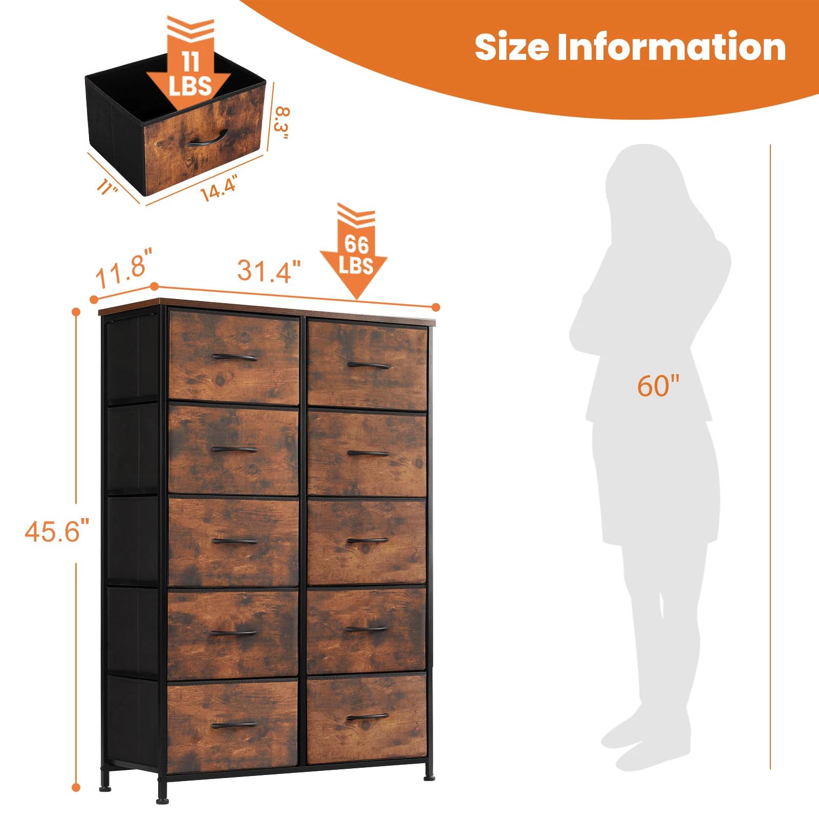 JHK Table de chevet pour chambre à coucher avec 10 tiroirs en tissu armoire cadre en acier placard p