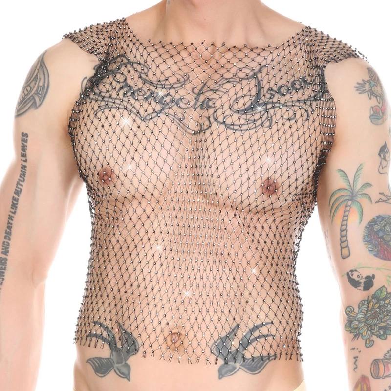 Débardeur fitness homme transparent résille strass sexy haut musculaire sans manches sport
