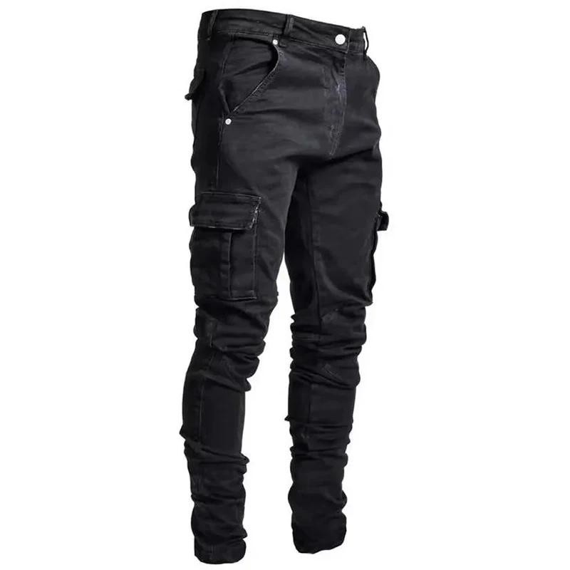 Jeans en denim élastique pour hommes, pantalon cargo multi-poches, coupe slim décontractée, jogging
