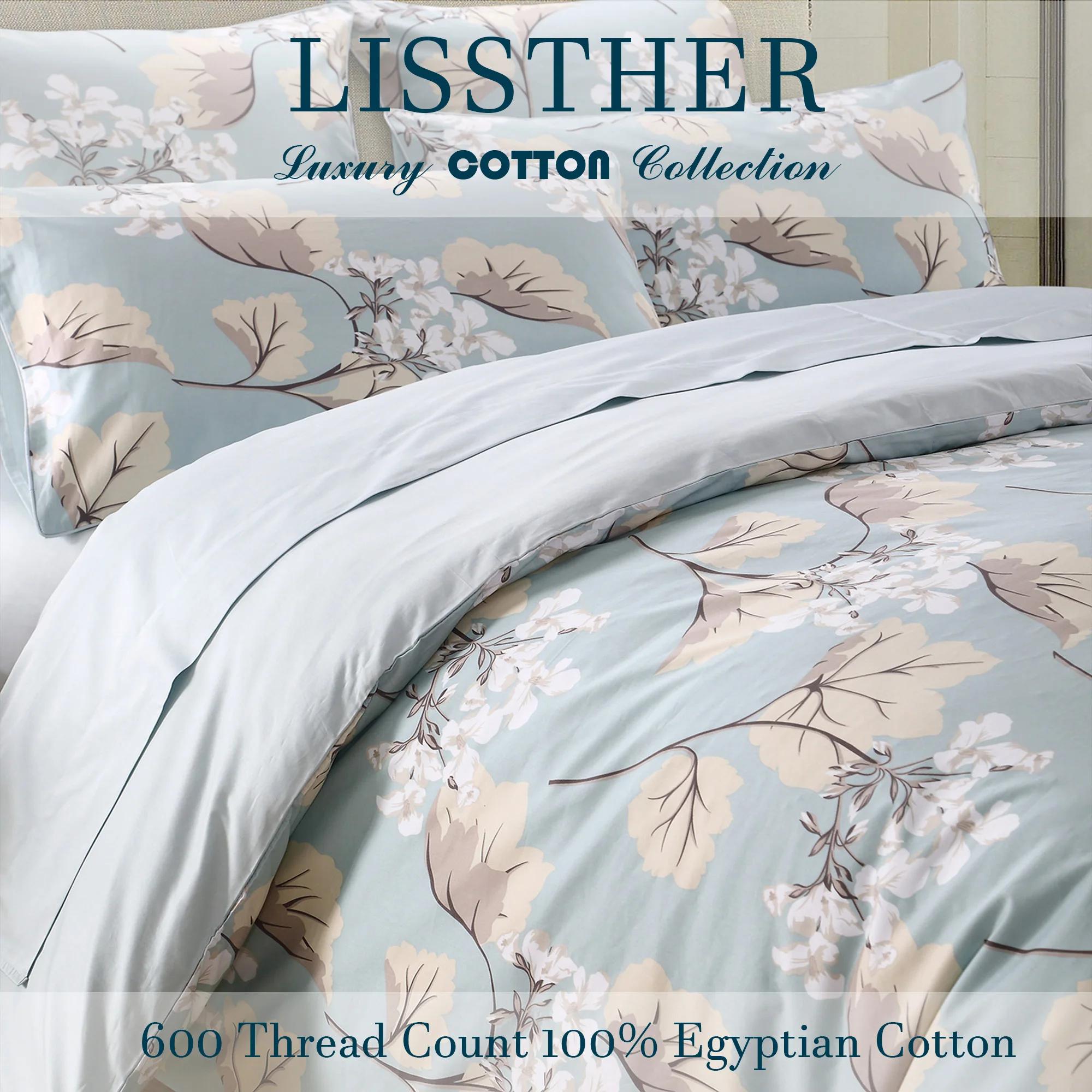 Ensemble de housse de couette 3 pièces 600TC 100% coton égyptien, feuilles de luxe bleues florales,