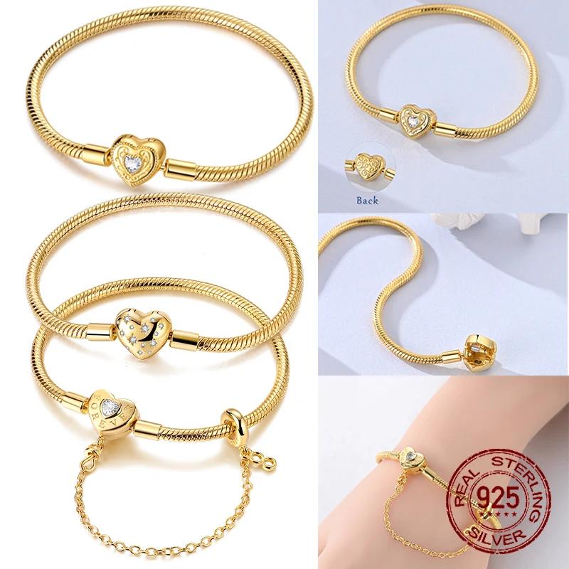 Bracelet cœur d'amour en or 17-20 cm, charme en argent sterling 925, bracelet de famille éternel, br