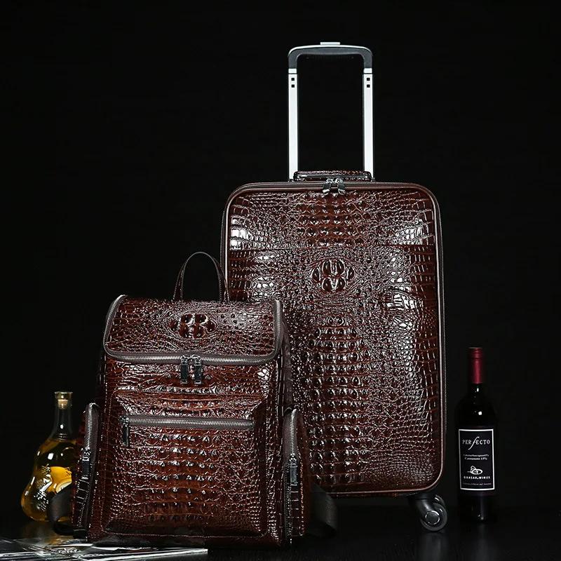 Valise de voyage en cuir véritable à motif crocodile pour homme, valise à roulettes, étui d'embarque