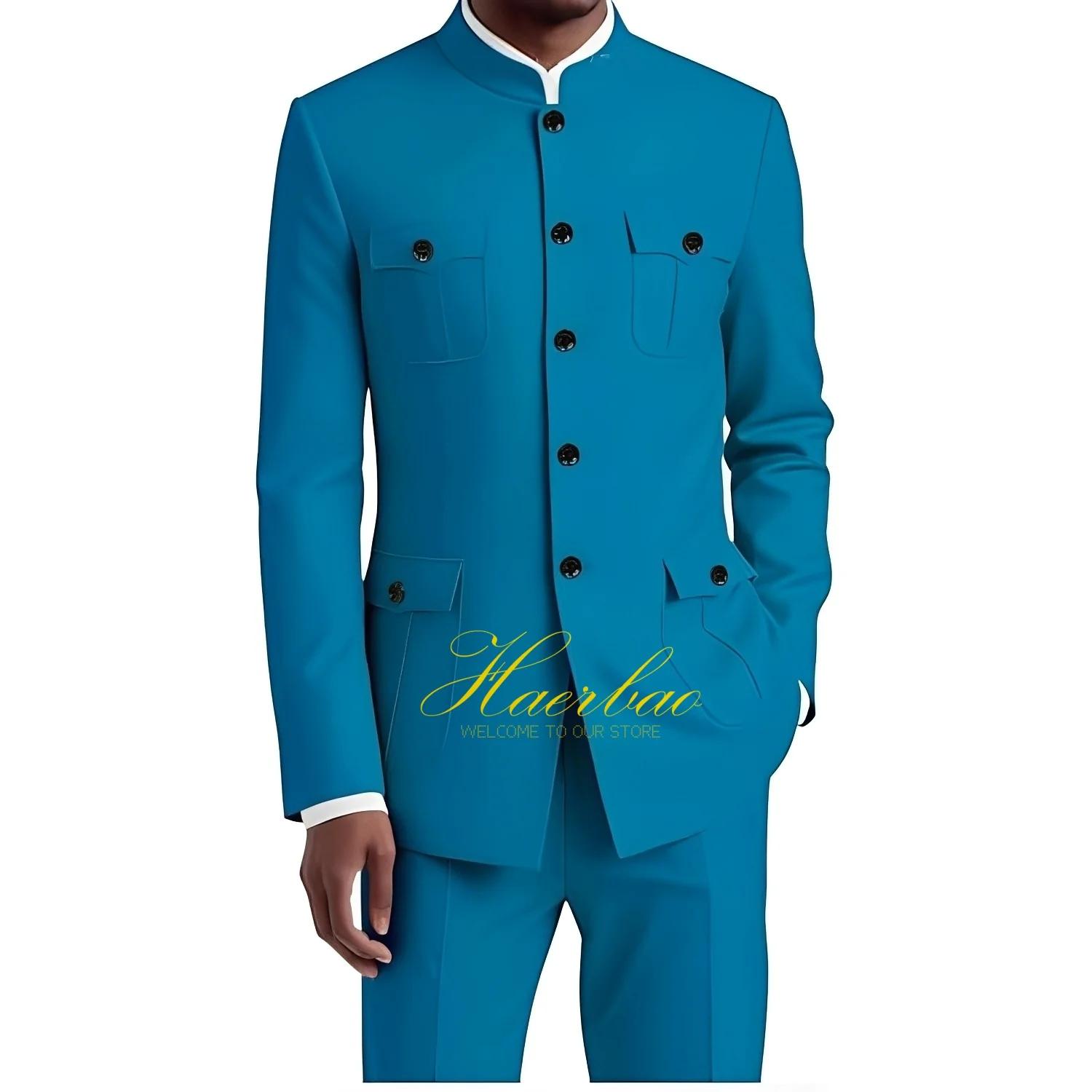Costume chinois pour homme, ensemble formel 2 pièces, veste à col, coupe ajustée, blazer 4 poches, c