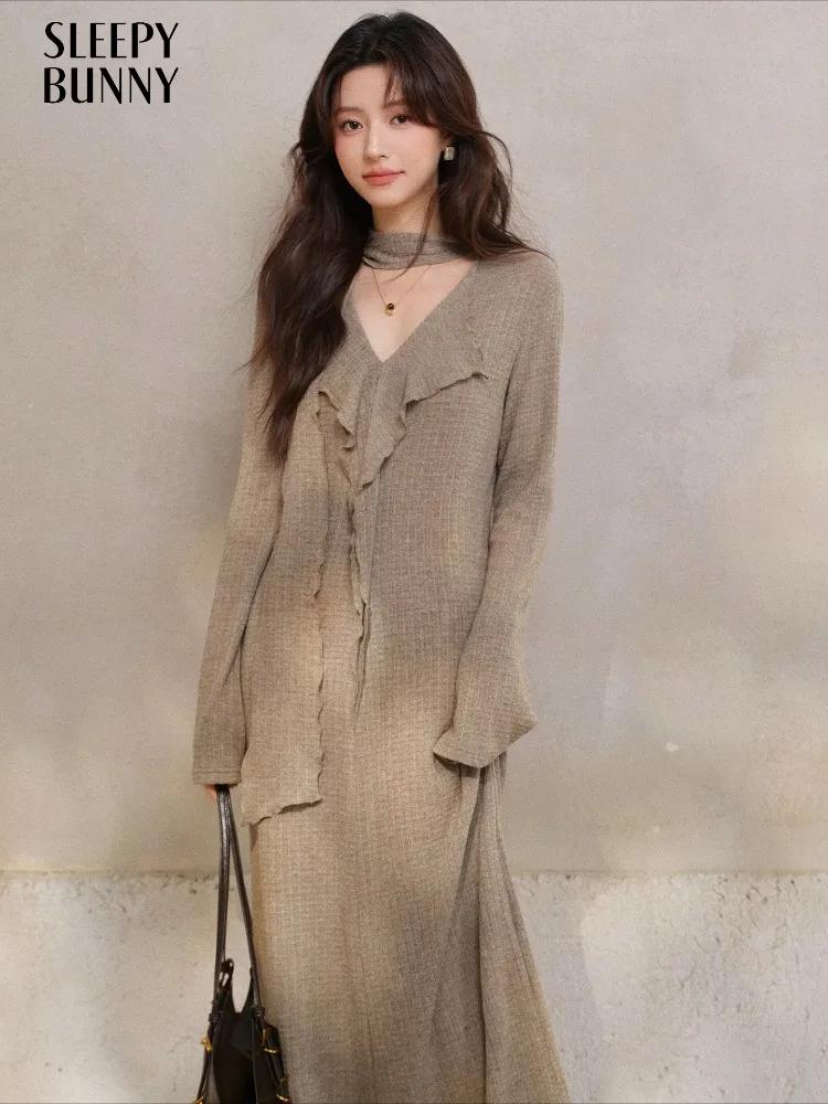 Robe française élégante en tricot, col en v, manches longues, élastique, Maxi, Design asymétrique, r