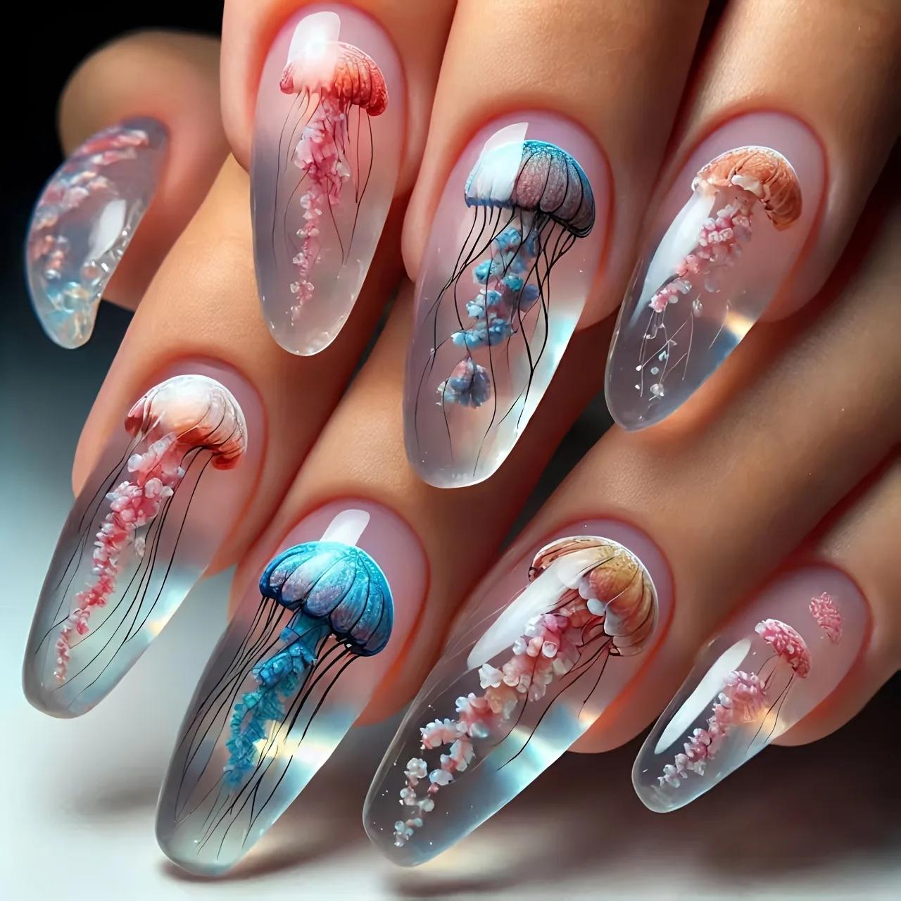 24 faux ongles en amande mi-longs avec motif rayé bleu, à presser, pour femme, amovibles, couvrance