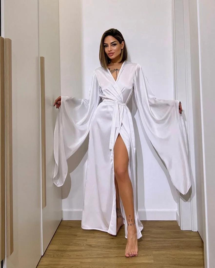 Robe de soirée en satin noir, sexy, col en V, manches évasées, en taffetas, pour bal de promo, robes