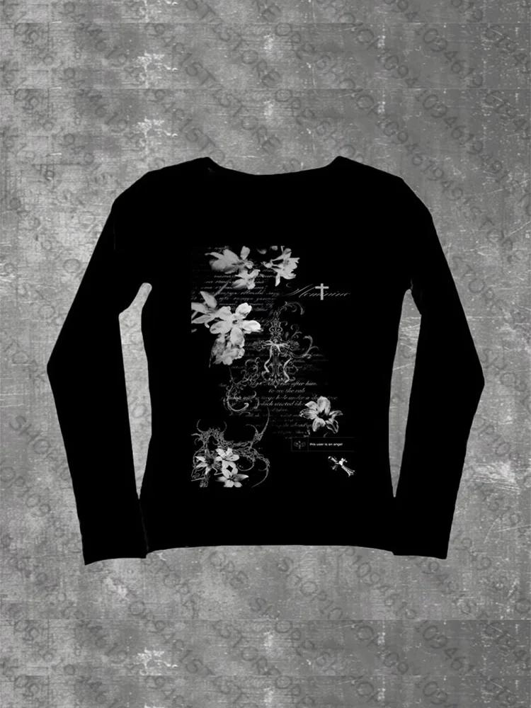 T-shirts à manches longues pour femmes, Slim et Sexy, graphiques de fleurs Harajuku, Style Y2k, Vint