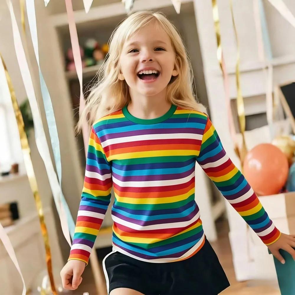 T-Shirt à manches longues pour filles, imprimé à rayures arc-en-ciel, décontracté, à col rond, vêtem