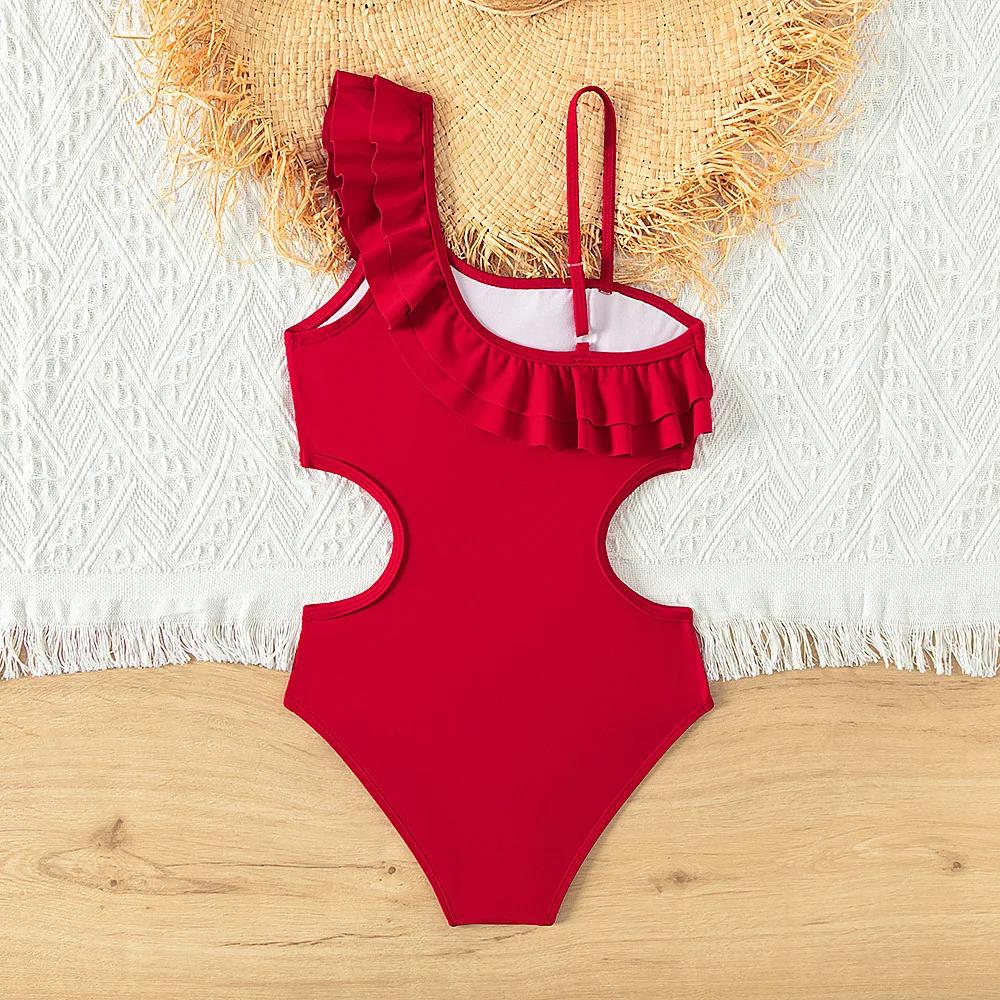 Maillot de bain une pièce rouge rétro à volants pour adolescentes 5-14 ans - Vêtement plage été