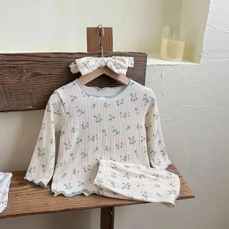  Nouveauté bébé filles imprimé fleuri coton pyjama ensemble à manches longues dentelle garniture de