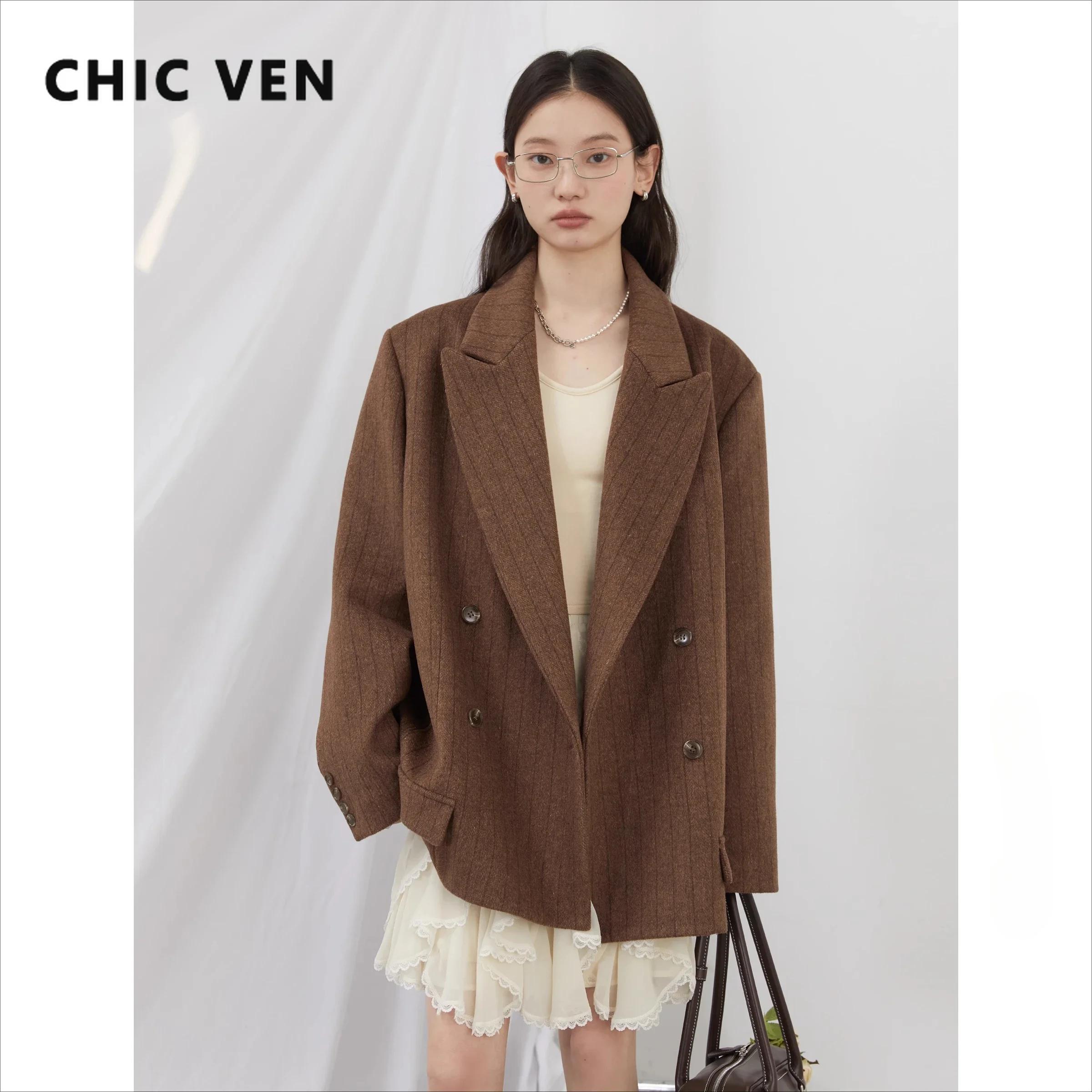 CHIC VEN-Blazer en laine vintage pour femme, veste à col en V, double boutonnage imbibé, manteau de