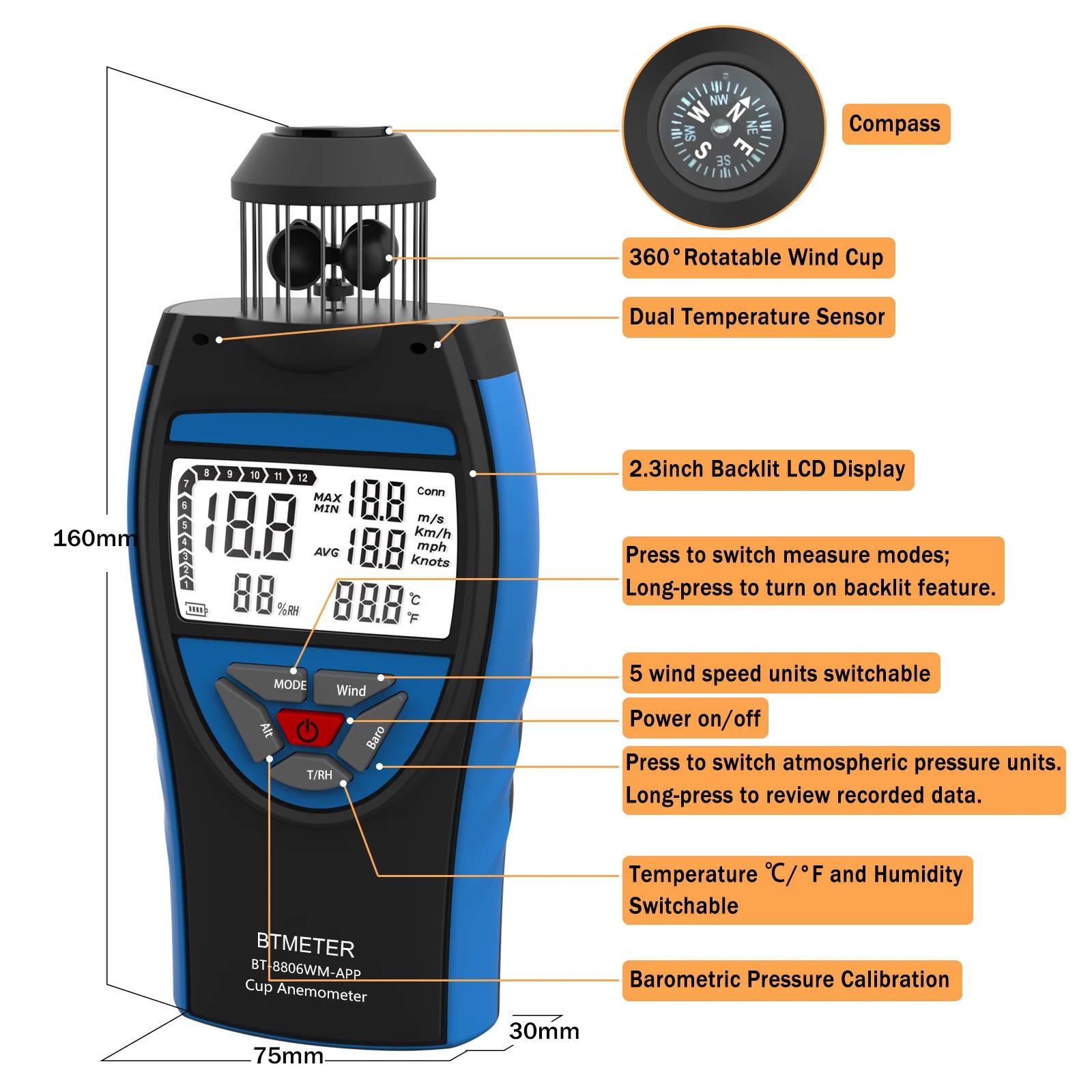 BTMETER-Anémomètre Numérique Mumental, Bluetooth, Vitesse du Vent, Hylique, Avg, Volume de l'Air, Al