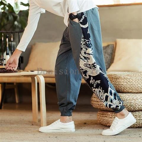 Pantalon costume Tang homme style ethnique chinois - Dragon coton lin été décontracté