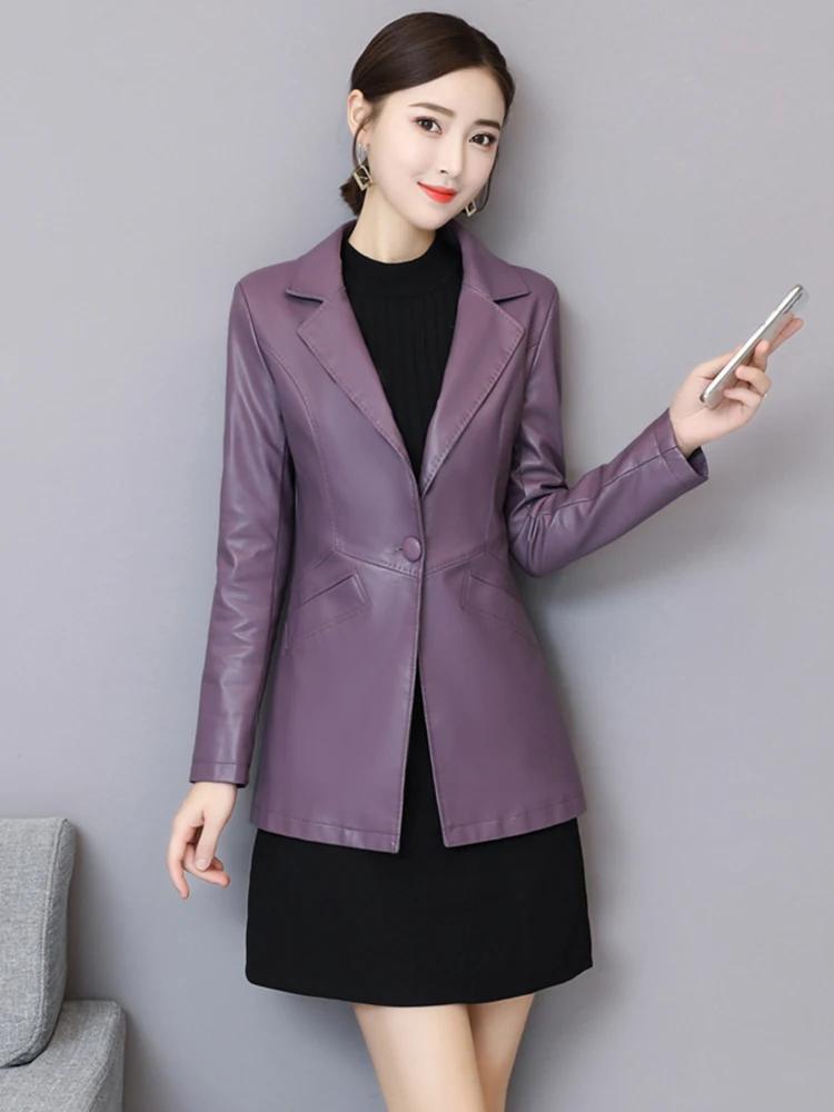 Nouveau Femmes Veste en cuir Automne Hiver Mode Classique Bouton unique Slim Blazer en cuir de mouto