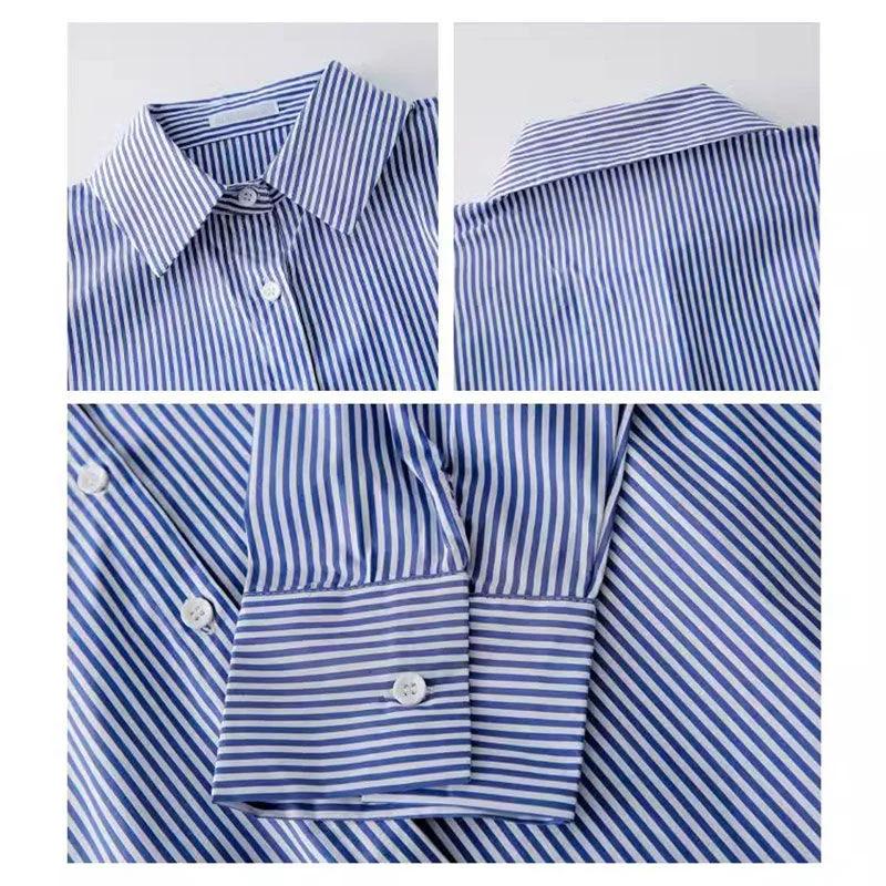 Classique rayé femme printemps automne Blouses chemise dame longue lanterne manches col montant lâch