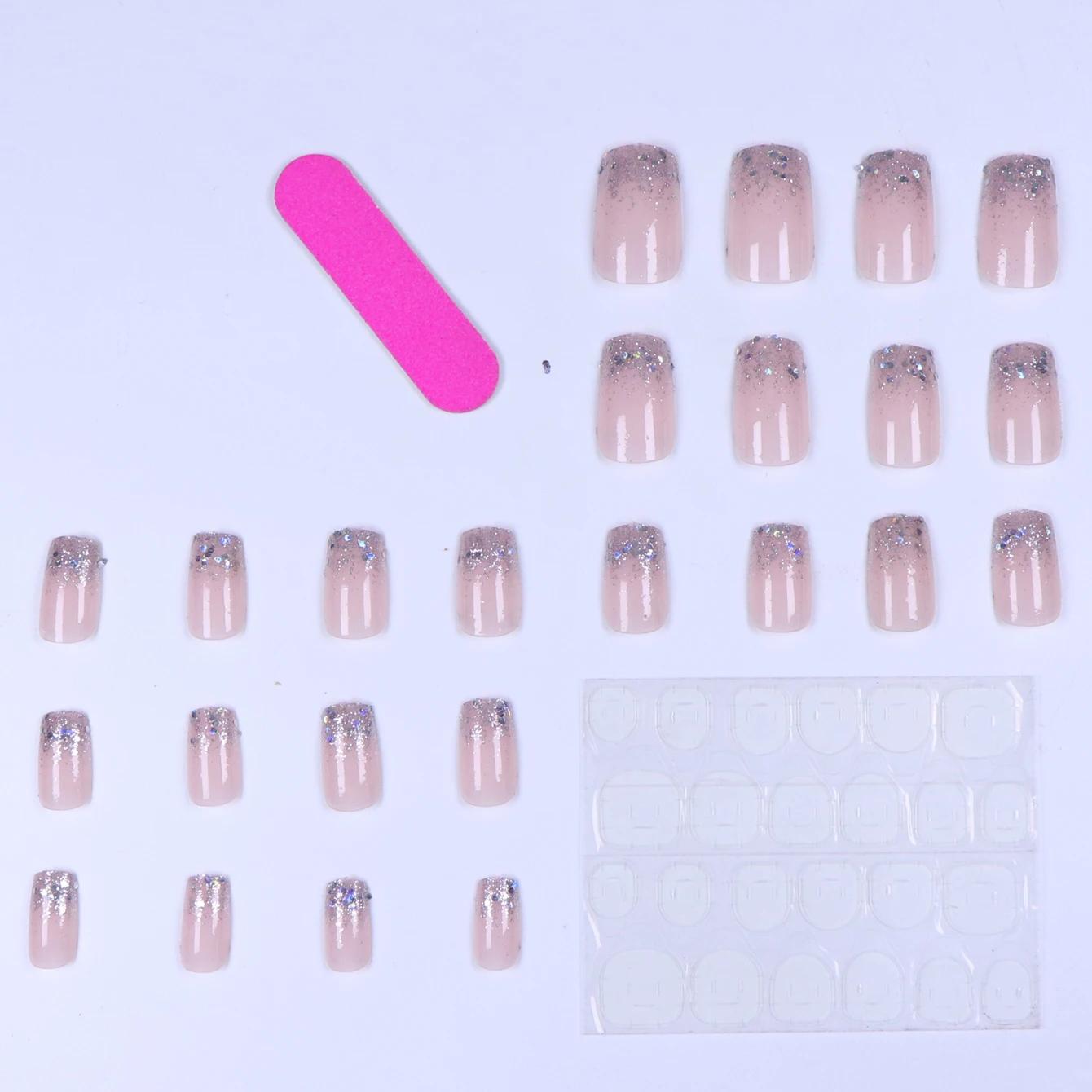 Faux ongles à paillettes pour femmes et filles, 24 pièces/ensemble, nickel é scintillant, rose, noir