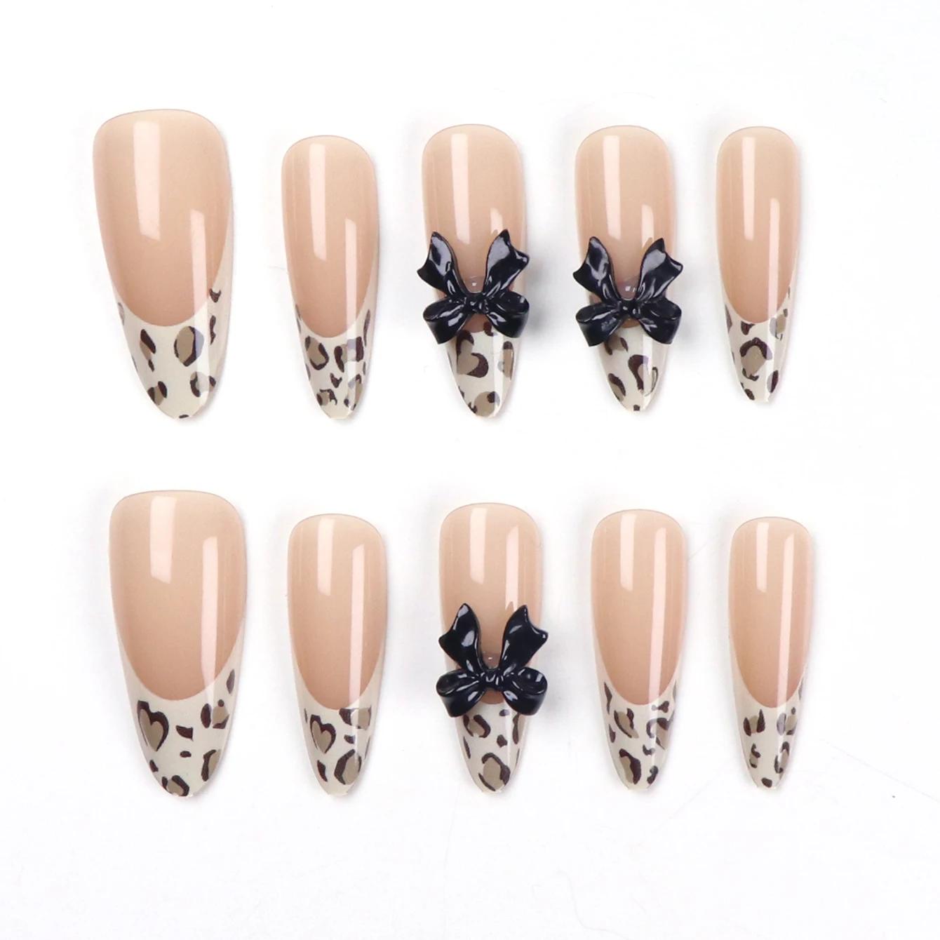 10 pièces ongles en amande, faux ongles de taille moyenne, faux ongles pointus français imprimé léop