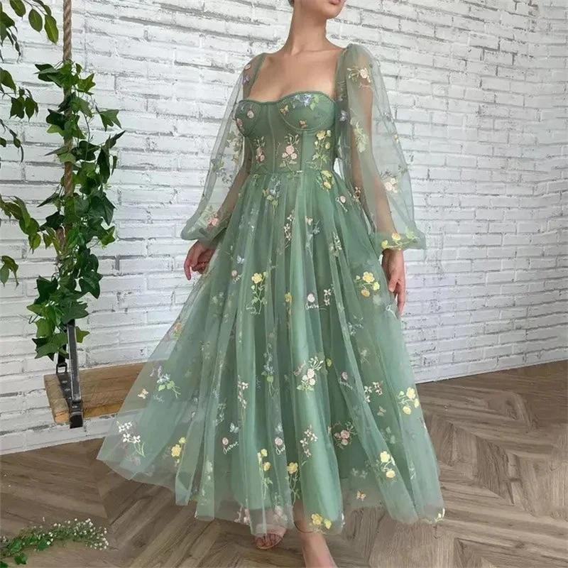 Robe princesse féerique en Tulle pour femmes, Maxi, Sexy, col bateau, manches longues bouffantes, ro