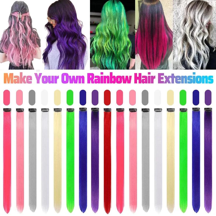 6/12 pièces Extensions de cheveux pince, 22 pouces Extensions de cheveux colorés reflets de fête pos