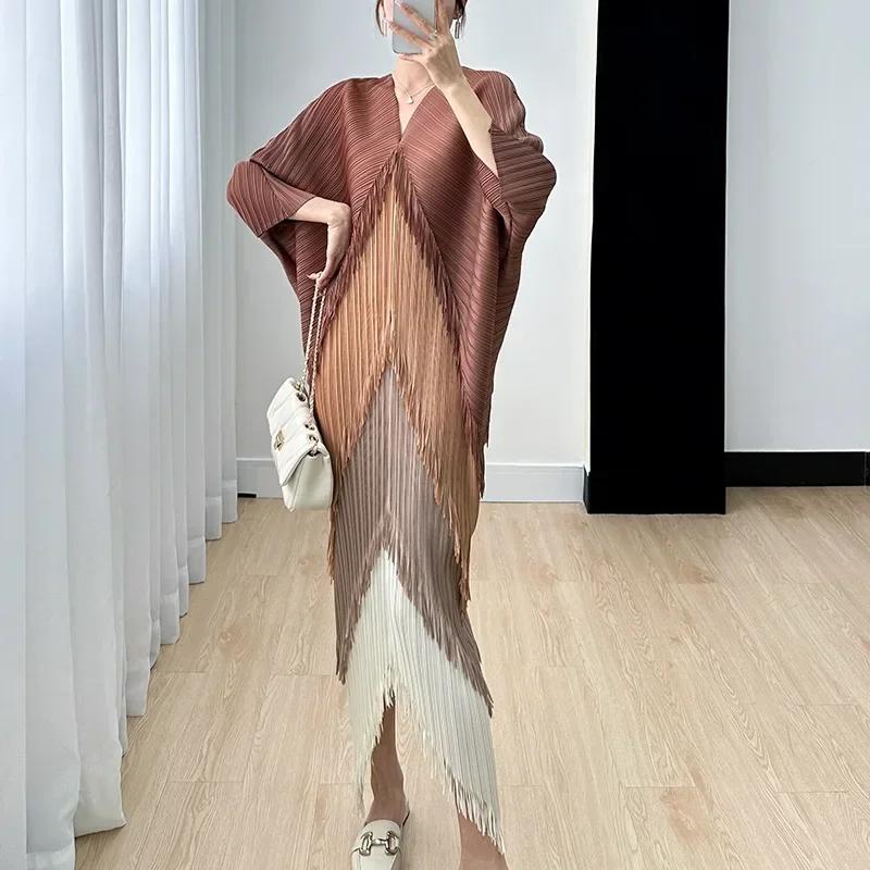 Robe plissée à franges pour femme, col en V, manches chauve-souris, épissure, mode, printemps, été,