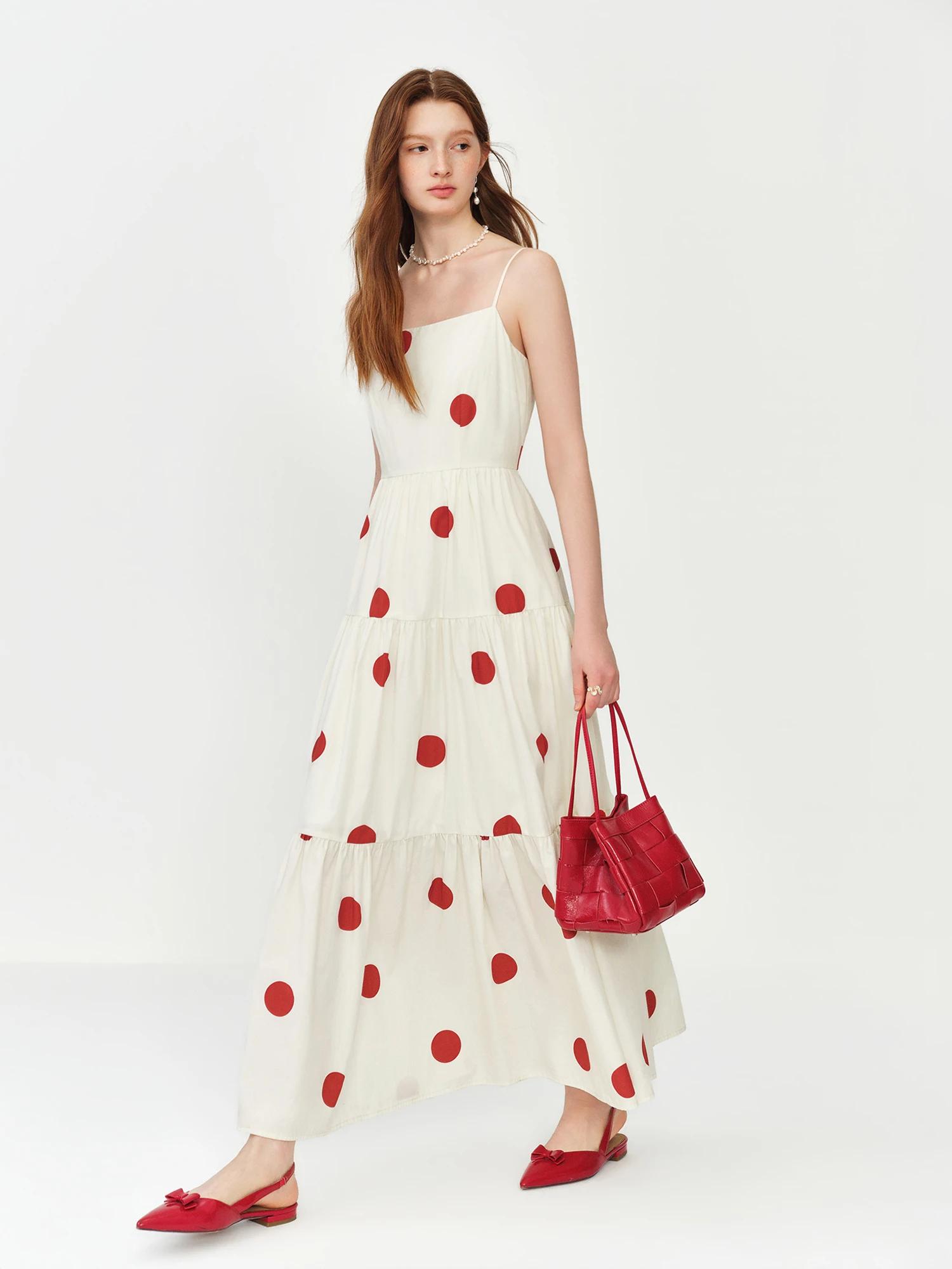 Robe longue FSLE style resort à pois rouges, col carré, bretelles ajustables, pour l'été 2026, nouve