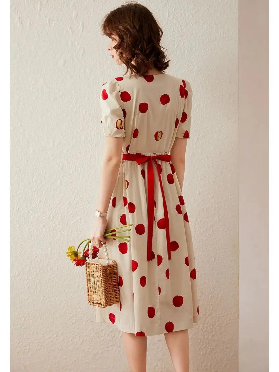 Modiis Yao-Robe longue trapèze pour femme, tenue élégante, imprimée pomme, col rond, manches courtes