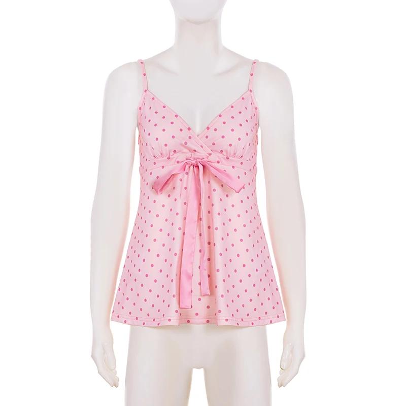 SUCHCUTE Chic doux mignon à pois imprimé nœud à lacets Camisole femmes col en V sans manches haut co